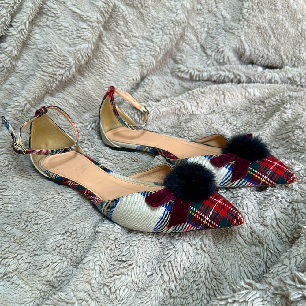 COPY - J. Crew plaid pom pom ankle strap flats